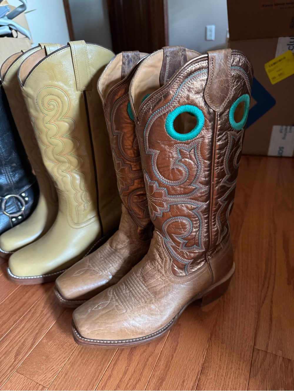 Tecovas Brown Leather Western Boots with Teal Pull Holes